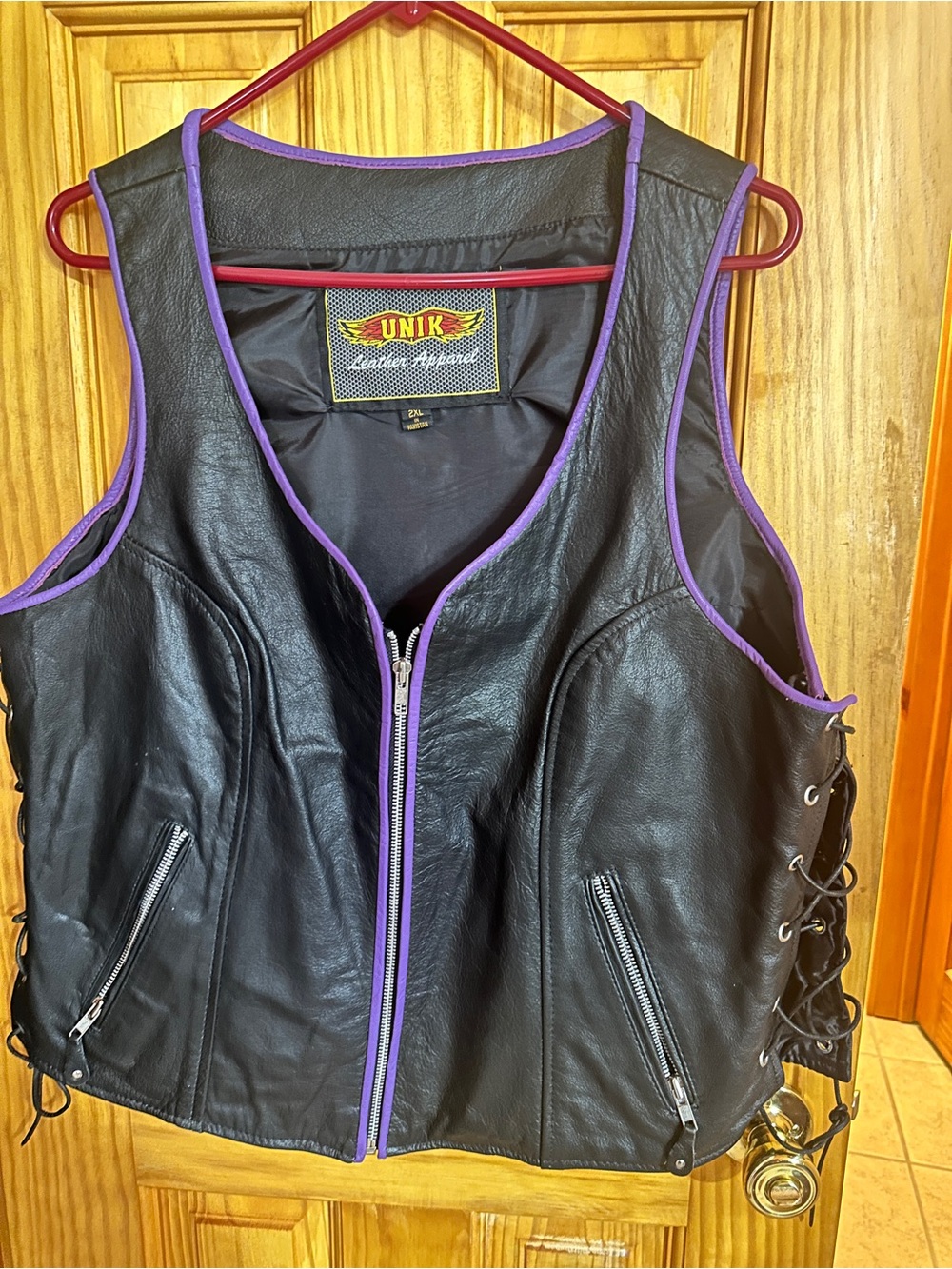 Unik Black Leather Zip-Front Tank with Purple Trim
